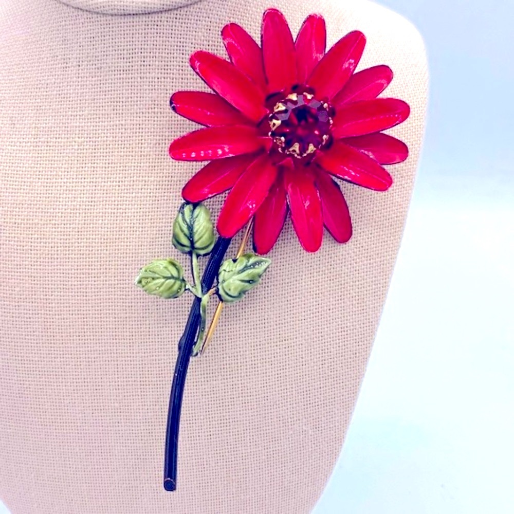 Vintage Signed Francois For Coro Brooch Pin Red Black Green Enamel Flower 50s